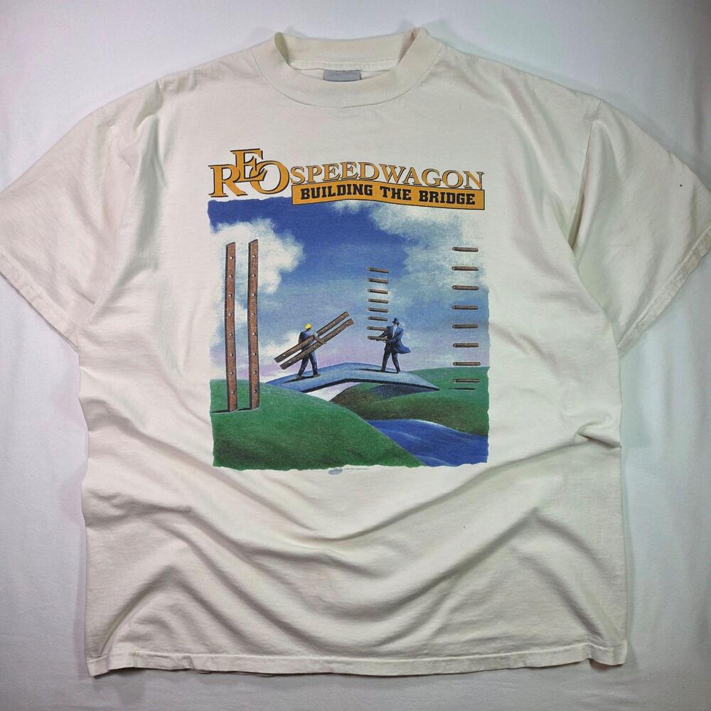 Vintage REO Speedwagon Shirt Mens XL White Building The Bridge Band Tultex 90s